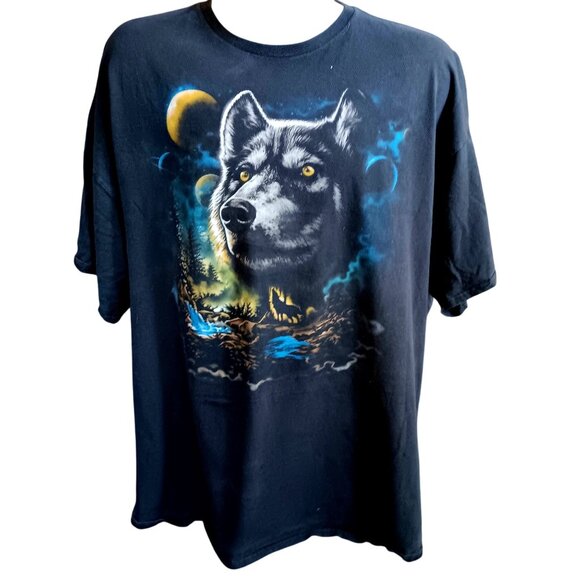 Men's T-Shirt 3XL DOM Wolf Moon nature Graphic  All cotton Biker Fade - Picture 2 of 3
